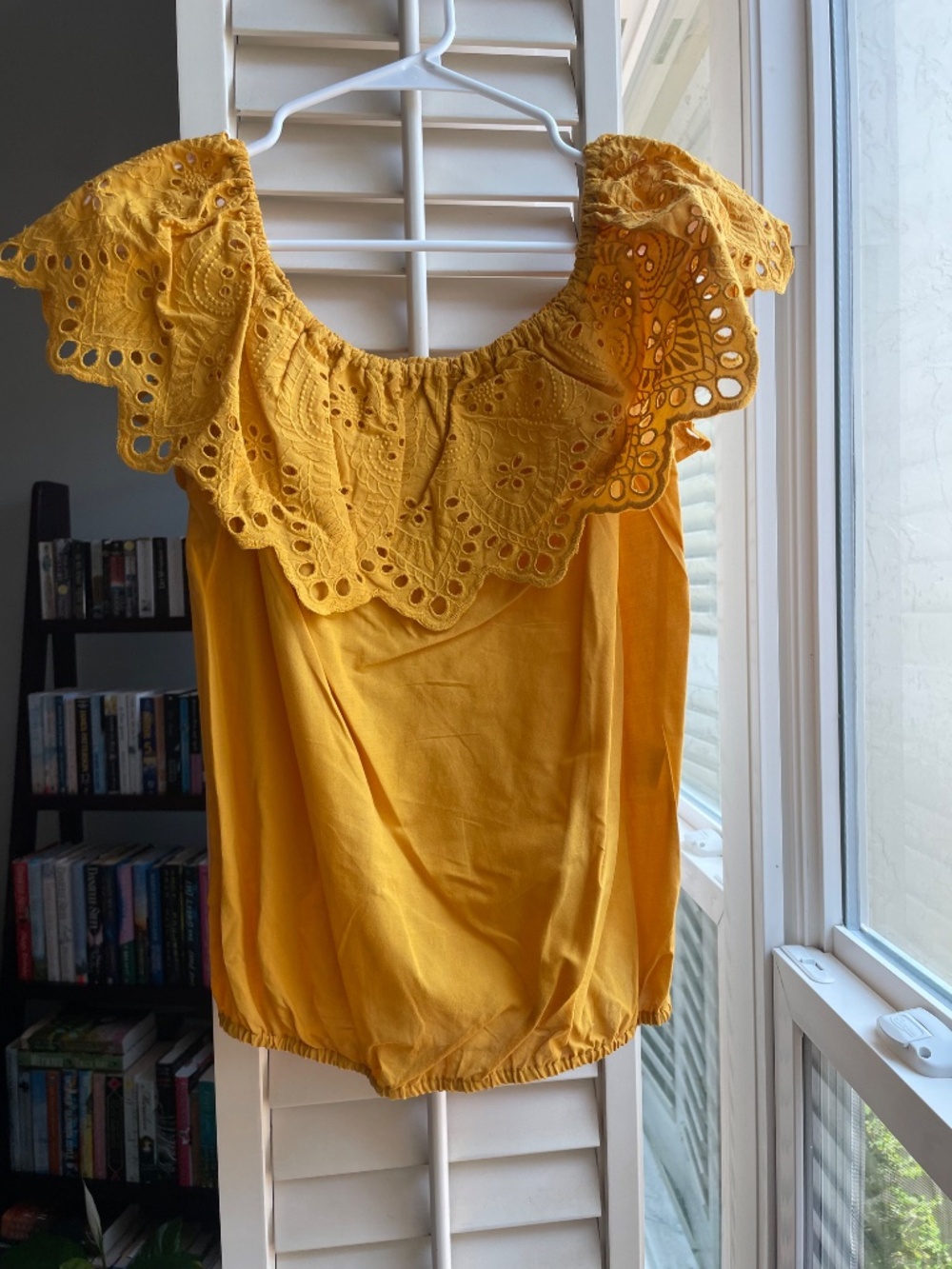 Mustard yellow on or off shoulder embroidered top